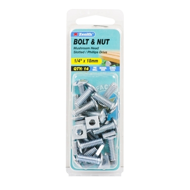 Zenith 1 4 X 18mm Zinc Plated Mushroom Head Bolt And Nut 14 Pack