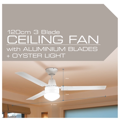 Arlec 120cm White 3 Blade Ceiling Fan With Oyster Light