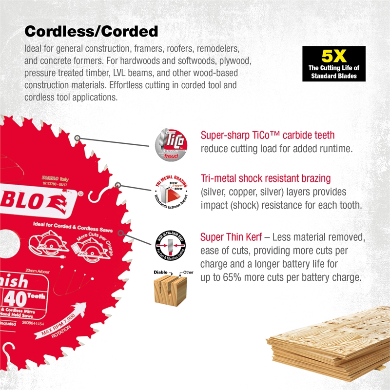 Super Thin Laser Cut Diablo FRAMING CORDESS CIRCULAR SAW BLADE 140mm 18 Teeth